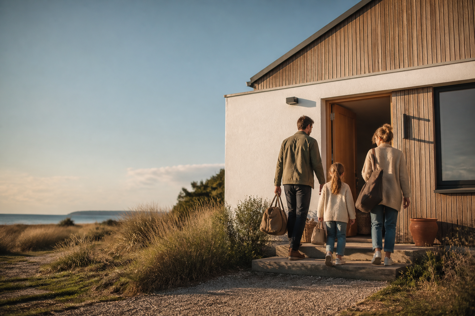 Familie bei der Ankunft an einem Ferienhaus in einer neutralen Küstenlandschaft