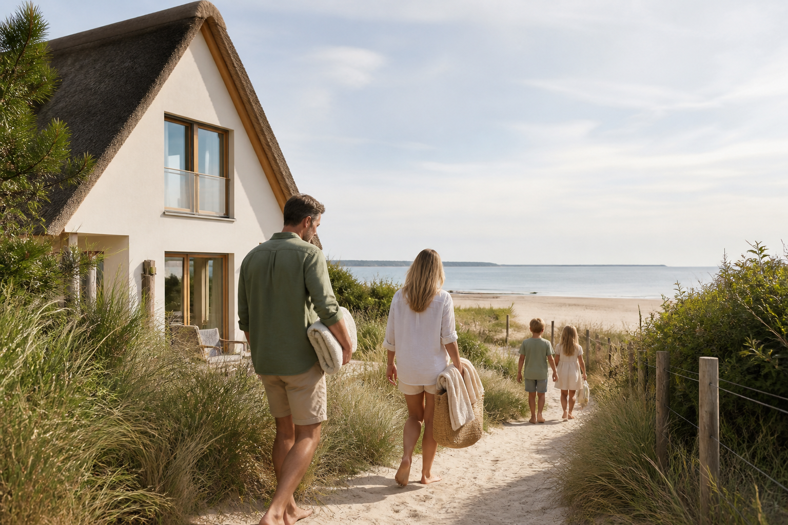 Illustrative Darstellung zum Ratgeberthema Ferienhaus direkt am Strand: Zugang und Lage genau prüfen