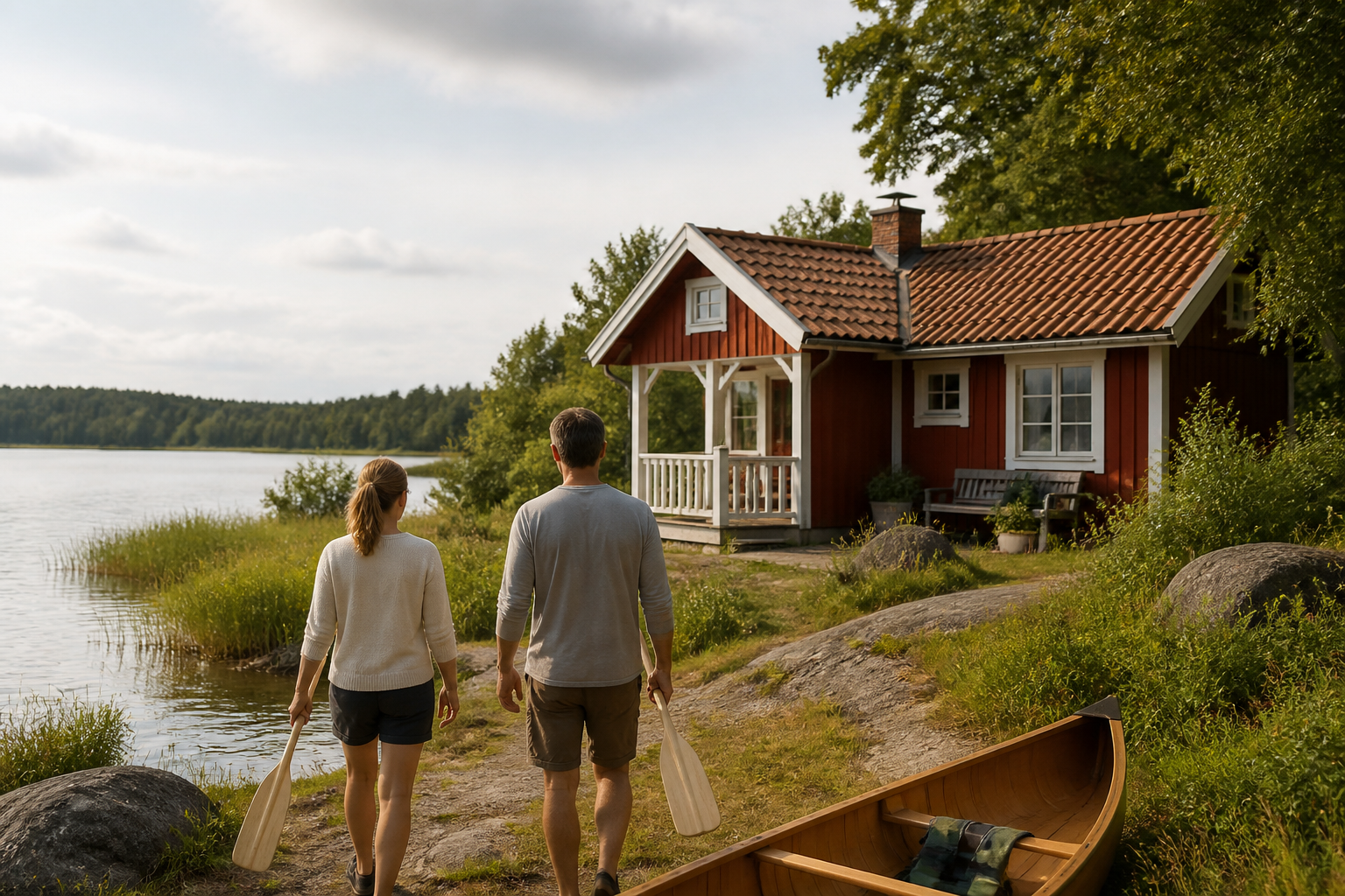 Illustrative Darstellung zum Ratgeberthema Ferienhaus in Schweden: See, Wald und Entfernungen realistisch planen
