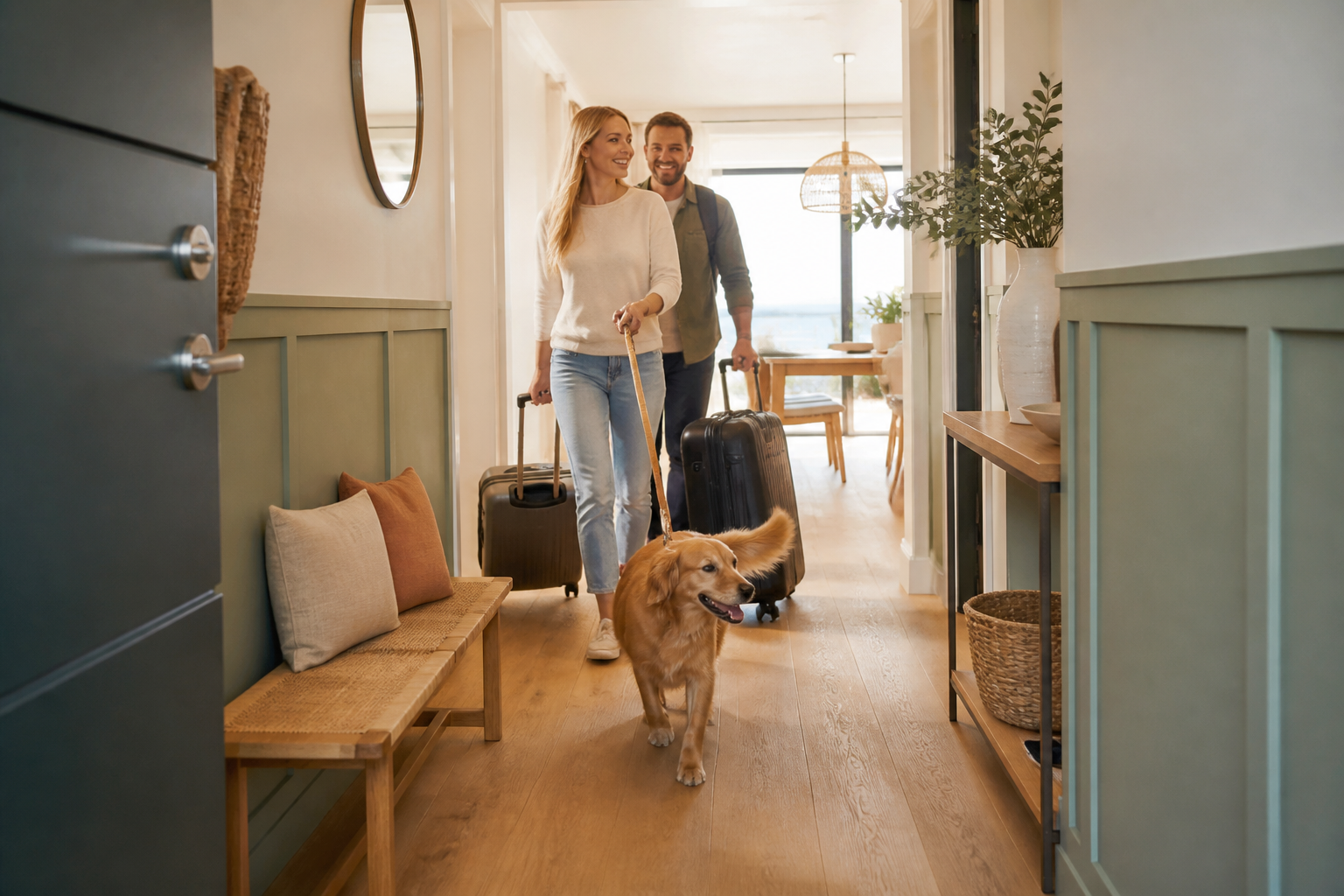 Illustrative Darstellung zum Ratgeberthema Ferienwohnung mit Hund: Hausgemeinschaft und Alltag prüfen